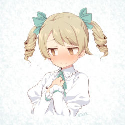 Rule 34 | 1girl, @ @, alternate hairstyle, bad id, bad pixiv id, blush, bow, brown eyes, brown hair, closed mouth, collared shirt, cropped torso, dated, flying sweatdrops, frilled shirt collar, frills, green bow, hair bow, hands up, idolmaster, idolmaster cinderella girls, juliet sleeves, long sleeves, morikubo nono, nose blush, puffy sleeves, ringlets, shirt, solo, sweat, twintails, uccow, upper body, white shirt