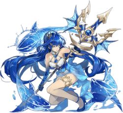 Rule 34 | 1girl, ark order, artist request, bare arms, blue eyes, blue footwear, breasts, crown, fins, high heels, holding, holding weapon, kneeling, large breasts, leotard, long hair, mini crown, multicolored leotard, official art, polearm, poseidon (ark order), shark, shoes, sidelocks, solo, tachi-e, thighlet, see-through body, transparent background, trident, very long hair, water, weapon