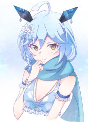 Rule 34 | 1girl, ahoge, animal ears, bikini, blue bikini, blue eyes, blue hair, blush, braid, breasts, brown eyes, closed mouth, e20, hair ornament, jewelry, looking at viewer, necklace, rabbit ears, rabbit girl, short hair, show by rock!!, simple background, small breasts, smile, snowflake hair ornament, solo, swimsuit, uiui (show by rock!!), upper body, white background