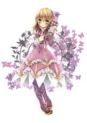 Rule 34 | 1girl, absurdres, blonde hair, boots, bow, creature, dress, elize lutus, frills, full body, highres, jewelry, long hair, pendant, purple footwear, ribbon, solo, takamiya ren, tales of (series), tales of xillia, teepo (tales), thigh boots, thighhighs, yellow eyes