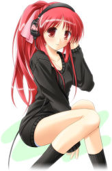Rule 34 | 00s, 1girl, dress, hand on own ear, headphones, legs, long hair, lowres, onda aka, oversized clothes, ponytail, rec, red eyes, red hair, ribbon, short dress, simple background, sitting, socks, solo, sweater, tomo no shippo