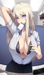 Rule 34 | 1boy, 1girl, arm behind head, black bra, black skirt, blonde hair, blue eyes, blush, bra, breasts, cleavage, collared shirt, ddangbi, faceless, faceless male, hair lift, highres, id card, lanyard, large breasts, long hair, mouth hold, office lady, open bra, open clothes, open shirt, original, shirt, shirt tucked in, short sleeves, skirt, solo focus, straight hair, unbuttoned, unbuttoned shirt, underwear, unfastened, very long hair