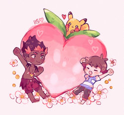 Rule 34 | 2boys, :d, arm up, arms up, ash ketchum, barefoot, berry (pokemon), blush stickers, brown hair, brown pants, catsubun (kkst0904), chibi, clenched hands, closed eyes, closed mouth, commentary, creatures (company), dark-skinned male, dark skin, flower, game freak, gen 1 pokemon, heart, jewelry, kiawe (pokemon), male focus, multiple boys, necklace, nintendo, open mouth, pants, pecha berry, pikachu, pokemon, pokemon (anime), pokemon (creature), pokemon sm (anime), red shorts, shirt, short hair, short sleeves, shorts, smile, striped clothes, striped shirt, t-shirt, topless male