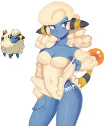 Rule 34 | 1girl, animal ears, artist name, bare shoulders, black eyes, blonde hair, blue skin, blush stickers, breasts, cleavage, closed mouth, collarbone, colored skin, covered navel, creatures (company), detached sleeves, female focus, fingernails, furry, furry female, game freak, gen 2 pokemon, half-closed eyes, happy, highres, jpeg artifacts, leotard, looking at viewer, mareep, medium breasts, mezmaroon, nintendo, personification, pokemon, pokemon (creature), shiny skin, short hair, signature, simple background, smile, solo, standing, strapless, strapless leotard, tail, white background, white leotard