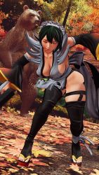 Rule 34 | 1girl, 3d, apron, black hair, black leotard, breasts, butterfly swords, curvy, forest, highleg, highleg leotard, highres, holding, holding weapon, iroha (samurai spirits), leotard, looking to the side, maid, maid headdress, nature, samurai spirits, screencap, shiny skin, sideboob, skindentation, solo, thighhighs, third-party edit, thong leotard, weapon, wide hips