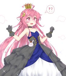 Rule 34 | !?, 1girl, puff of air, ahoge, alternate costume, armpits, bare arms, bare shoulders, black choker, black gloves, blush, braid, choker, collarbone, commentary request, crescent, crescent hair ornament, crown, crown braid, dress, gloves, hair between eyes, hair ornament, hair ribbon, hands up, highres, hoop skirt, kantai collection, layered dress, long hair, mini crown, open mouth, pink eyes, pink hair, princess, ribbon, satoshi kaki, shoulder blush, solo, sparkle, speech bubble, spoken interrobang, strapless, strapless dress, super crown, sweatdrop, tress ribbon, twitter username, uzuki (kancolle), very long hair, white background