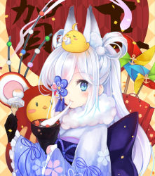 Rule 34 | 1girl, animal, animal ear fluff, animal ears, animal on head, azur lane, bird, black gloves, blue eyes, blue kimono, blush, bowl, chick, chinese zodiac, closed mouth, commentary request, eating, floral print, food, fork, frilled sleeves, frills, fur collar, gloves, hair rings, highres, holding, holding bowl, holding fork, japanese clothes, kasumi (azur lane), kasumi (new year&#039;s comfort) (azur lane), kimono, long hair, long sleeves, looking at viewer, manjuu (azur lane), mochi, new year, obi, on head, otogi kyouka, print kimono, sash, solo, upper body, white hair, wide sleeves, yagasuri, year of the rat