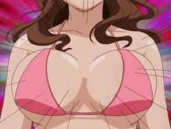 Rule 34 | 00s, 1girl, akahori gedou hour rabuge, animated, animated gif, bikini, bikini top only, bouncing breasts, breasts, brown hair, head out of frame, hokke otone, jumping, long hair, lowres, solo, swimsuit, view between breasts, wavy hair