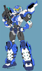 Rule 34 | 1girl, aqua eyes, aqua lips, artist name, autobot, blue eyes, full body, glowing, glowing eyes, gun, hands up, hasbro, holding, holding weapon, kamizono (spookyhouse), lips, lipstick, looking at viewer, machine, machinery, makeup, mecha, parted lips, robot, science fiction, smile, solo, strongarm (transformers), transformers, transformers: robots in disguise (2015), weapon