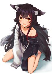 Rule 34 | 1girl, absurdres, aged down, animal ear fluff, animal ears, bare legs, barefoot, black choker, black hair, black hoodie, blush, choker, commentary, fang, flat chest, full body, hair between eyes, hair ornament, highres, hololive, hood, hoodie, long hair, looking at viewer, multicolored hair, off shoulder, ookami mio, ookami mio (casual), open mouth, orange eyes, paw print, paw print pattern, red hair, simple background, sitting, skin fang, sleeves past fingers, sleeves past wrists, smile, solo, streaked hair, tail, two-tone hoodie, virtual youtuber, vr inaba, wariza, white background, white hoodie, wolf ears, wolf tail