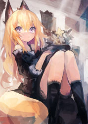 Rule 34 | 1girl, absurdres, animal ear fluff, animal ears, bare shoulders, black shirt, black shorts, black socks, blonde hair, expressionless, feet out of frame, flower, fox ears, fox tail, hair between eyes, highres, indoors, kaamin (mariarose753), kneehighs, knees together feet apart, lace trim, long hair, looking at viewer, off-shoulder shirt, off shoulder, original, plant, potted plant, purple eyes, shirt, shorts, sitting, socks, solo, tail