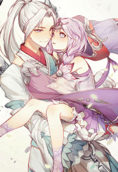 Rule 34 | 1boy, 1girl, bananakeki, braid, carrying, chinese clothes, detached sleeves, gloves, hood, long hair, looking at another, petals, ponytail, purple eyes, purple hair, revelation online, silver hair