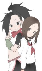 Rule 34 | 2girls, absurdres, back-to-back, black eyes, black hair, black sailor collar, black shirt, black skirt, blush, brown eyes, brown hair, closed mouth, commentary request, creator connection, crop top, forehead, high ponytail, highres, karakai jouzu no takagi-san, kuji-in, kunoichi tsubaki no mune no uchi, long hair, long sleeves, looking at viewer, looking to the side, midriff, multiple girls, navel, neckerchief, official art, parted bangs, pleated skirt, ponytail, red neckerchief, sailor collar, shirt, short sleeves, skirt, smile, takagi-san, tsubaki (kunoichi tsubaki no mune no uchi), white shirt, yamamoto souichirou