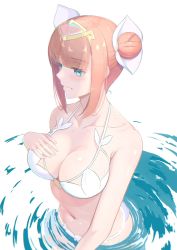 Rule 34 | 1girl, bare shoulders, bikini, blunt bangs, blush, breasts, bun cover, cleavage, closed mouth, collarbone, double bun, female focus, gold, hair bun, hand on own chest, hand up, highres, jpeg artifacts, large breasts, lilith (world flipper), navel, official alternate costume, orange hair, otatsuki, partially submerged, shiny skin, short hair, sidelocks, simple background, solo, stomach, swimsuit, wet, white background, white bikini, world flipper
