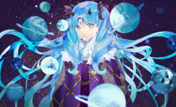 Rule 34 | absurdres, black ribbon, blue hair, blue theme, blurry, chain, crescent, crescent facial mark, crystal, depth of field, facial mark, fate/grand order, fate (series), floating hair, forehead mark, fur trim, hair ribbon, highres, horns, huge filesize, ishtar (fate), light blue hair, long hair, looking at viewer, mismatched pupils, parai0, parted bangs, planet, ribbon, ringed eyes, solo, space ishtar (astarte origin) (fate), space ishtar (fate), star-shaped pupils, star (symbol), symbol-shaped pupils, two side up, upper body, very long hair