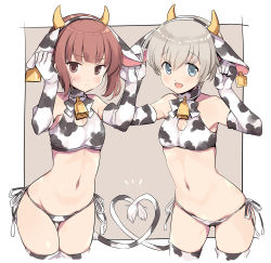 Rule 34 | 2girls, absurdres, alternate costume, animal ears, animal print, aqua eyes, bell, bikini, breasts, brown eyes, brown hair, closed mouth, cow ears, cow print, cow tail, cowbell, ear tag, elbow gloves, fake animal ears, gloves, grey hair, heart, heart tail, highres, horns, kantai collection, multiple girls, odawara hakone, open mouth, short hair, side-tie bikini bottom, sidelocks, simple background, small breasts, sweat, swimsuit, tail, thighhighs, two-tone background, z1 leberecht maass (kancolle), z3 max schultz (kancolle)