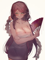 Rule 34 | 1girl, absurdres, at2., bare shoulders, blush, breasts, brown hair, character request, cleavage, closed mouth, collarbone, copyright request, green eyes, hand fan, highres, holding, holding fan, large breasts, lips, long hair, looking at viewer, naked towel, smile, solo, towel, very long hair