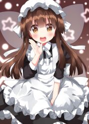 Rule 34 | 1girl, apron, brown eyes, brown hair, dress, fairy, fairy wings, frilled dress, frilled skirt, frills, highres, knot, maid, maid apron, maid headdress, one-hour drawing challenge, open mouth, ruu (tksymkw), skirt, solo, star (symbol), star sapphire, touhou, wings