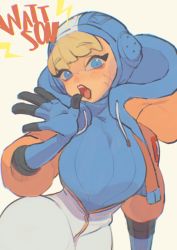Rule 34 | 1girl, animification, apex legends, beige background, blonde hair, blue bodysuit, blue eyes, blue gloves, blue headwear, bodysuit, breasts, character name, facial scar, gloves, head tilt, highres, hood, hooded bodysuit, hooded jacket, jacket, kabiyapyo, large breasts, leaning to the side, lichtenberg figure, lightning bolt symbol, open mouth, orange jacket, scar, scar on cheek, scar on face, solo, thick thighs, thighs, wattson (apex legends), white bodysuit