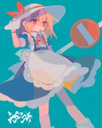 Rule 34 | 1girl, :o, adjusting clothes, adjusting headwear, apron, aqua background, arm at side, back bow, bad id, bad tumblr id, blonde hair, blue dress, bow, bowtie, brown eyes, contrapposto, daizu (melon-lemon), dot nose, dress, eyes visible through hair, feet out of frame, frilled apron, frills, from side, gradient eyes, hair between eyes, hand on headwear, hand up, hat, hat ribbon, highres, kana anaberal, long hair, looking away, medium dress, multicolored eyes, no entry sign, no lineart, parted lips, petticoat, puffy short sleeves, puffy sleeves, red bow, red bowtie, red ribbon, ribbon, road sign, short sleeves, sign, simple background, sleeve cuffs, solo, standing, sun hat, tareme, touhou, touhou (pc-98), waist apron, white apron, white bow, white hat, white legwear, wing collar, yellow eyes