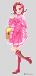 Rule 34 | 1girl, bad id, bad pixiv id, boots, bow, brown hair, dress, full body, hair bow, hairband, high heel boots, high heels, highres, jojo no kimyou na bouken, leg up, open mouth, outline, pink dress, pink eyes, portfolio, riako, skirt hold, smile, solo, sugimoto reimi, twitter username