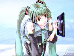 Rule 34 | 1girl, all fours, aqua hair, detached sleeves, female focus, floating screen, gradient background, green eyes, green hair, hatsune miku, jaga, lips, long hair, matching hair/eyes, necktie, skirt, solo, thighhighs, twintails, very long hair, vocaloid