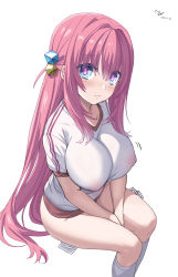 Rule 34 | 1girl, absurdres, alternate breast size, aqua eyes, bocchi the rock!, breasts, collarbone, covered erect nipples, cube hair ornament, dated, gotoh hitori, hair between eyes, hair ornament, highres, large breasts, legs, long hair, no bra, one side up, open mouth, pink hair, shirt, short sleeves, signature, simple background, sitting, socks, solo, thighs, v arms, white background, white shirt, white socks, xkc