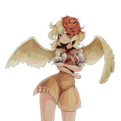 Rule 34 | 1girl, absurdres, animal, animal on head, ayang, bird, bird on head, bird wings, blonde hair, breasts, chick, closed mouth, commentary request, dress, highres, looking at viewer, medium breasts, multicolored hair, niwatari kutaka, on head, orange dress, red eyes, red hair, short hair, short sleeves, simple background, solo, touhou, two-tone hair, white background, wings, yellow wings