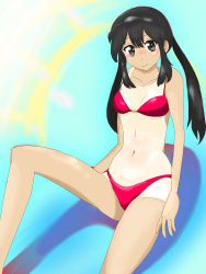 Rule 34 | 1girl, artist request, bikini, black hair, blurry, blurry background, brown eyes, feet out of frame, highres, k-on!, looking at viewer, midriff, nakano azusa, navel, one-piece tan, red bikini, sitting, smile, solo, swimsuit, tan, tanline, twintails