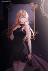 Rule 34 | 1girl, absurdres, bag, bare shoulders, black dress, blonde hair, bracelet, breasts, bronzesauluoi, closed mouth, commentary, dress, earrings, english commentary, final fantasy, final fantasy xv, floating hair, formal, hair between eyes, hand on own chest, handbag, highres, holding, holding bag, jewelry, lips, lipstick, long hair, looking to the side, makeup, medium breasts, painting (object), purple eyes, solo, stella nox fleuret, twitter username