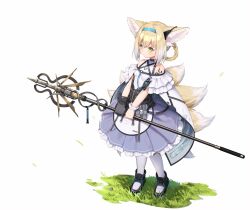 Rule 34 | 1girl, animal ears, arknights, bare shoulders, black collar, black footwear, black gloves, braid, braided hair rings, closed mouth, collar, commentary, dress, earpiece, fox ears, fox girl, fox tail, frilled dress, frilled sleeves, frills, full body, gloves, green eyes, hair rings, highres, holding, holding staff, infection monitor (arknights), kitsune, kyuubi, material growth, medium dress, megalateo, multiple tails, on grass, oripathy lesion (arknights), pantyhose, purple dress, shoes, short hair, short sleeves, simple background, single glove, solo, staff, standing, suzuran (arknights), tail, twin braids, white background, white pantyhose