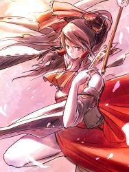 1girl bare_shoulders bow brown_eyes brown_hair detached_sleeves female_focus gohei hair_bow hair_tubes hakurei_reimu highres hosimo long_hair ofuda ponytail simple_background sketch skirt solo touhou