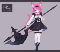 Rule 34 | 1girl, animal ear fluff, animal ears, axe, bad id, bad pixiv id, black dress, black footwear, black hairband, blue eyes, bow, cat ears, cat girl, cat tail, closed mouth, color guide, dress, fantasy, frills, frown, grey background, hairband, heart, highres, holding, holding axe, holding weapon, huge weapon, lama 064, maid, original, pink hair, pink ribbon, ribbon, short hair, simple background, sleeves past wrists, solo, tail, weapon, white bow, white legwear
