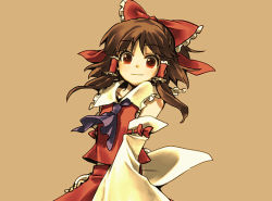 Rule 34 | 1girl, brown hair, detached sleeves, hair ribbon, hair tubes, hakurei reimu, looking at viewer, mecco, neckerchief, nontraditional miko, red eyes, ribbon, sailor collar, short hair, smile, solo, tan background, touhou, wide sleeves