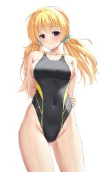 Rule 34 | 1girl, absurdres, arms behind back, black one-piece swimsuit, blonde hair, commentary request, competition swimsuit, covered navel, cowboy shot, highleg, highleg swimsuit, highres, lena liechtenauer, long hair, low twintails, ncontrail (mgax7527), one-piece swimsuit, purple eyes, senren banka, simple background, smile, solo, standing, swimsuit, twintails, white background
