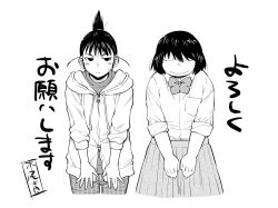 Rule 34 | 2girls, absurdres, bowing, commentary request, crossover, closed eyes, freckles, genshiken, greyscale, hashikko ensemble, highres, hood, hoodie, kio shimoku, monochrome, multiple girls, ogiue chika, school uniform, simple background, smile, sweatdrop, topknot, translation request, white background
