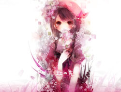 Rule 34 | 1girl, braid, brown eyes, brown hair, cherry blossoms, flower, hat, long hair, looking at viewer, mole, mole under eye, petals, red eyes, shimeko, solo, twin braids, twintails