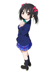 Rule 34 | 10s, 1girl, black hair, blazer, blush, bow, hair bow, hands on own chest, jacket, looking at viewer, love live!, love live! school idol project, miyako hito, own hands together, red eyes, school uniform, short hair, skirt, smile, solo, twintails, yazawa nico