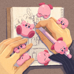 Rule 34 | 1other, blue eyes, blue sweater, blush stickers, closed eyes, closed mouth, drawing, fingernails, highres, holding, holding pencil, kirby, kirby (series), long sleeves, miclot, nintendo, notebook, open mouth, pencil, pencil skirt, pink footwear, shoes, skirt, sweater, table