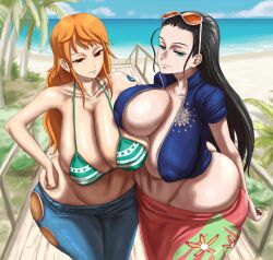 2girls beach breasts huge_breasts long_hair multiple_girls nami_(one_piece) nico_robin ocean one_piece