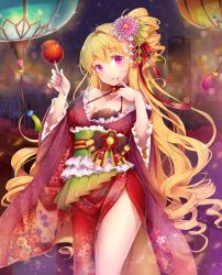 Rule 34 | 1girl, ;q, asymmetrical hair, bare shoulders, black bra, black neckwear, blonde hair, bonnet, bra, breasts, candy apple, choker, cinia pacifica, cleavage, collarbone, cowboy shot, curly hair, drill hair, floral print, flower, food, frilled kimono, frilled sleeves, frills, hair flower, hair ornament, hand to own mouth, head tilt, highres, holding, ika (4801055), japanese clothes, kimono, large breasts, long hair, long sleeves, obi, off shoulder, one eye closed, petals, purple eyes, ribbon, sash, sleeveless, solo, sword girls, tassel, tongue, tongue out, underwear, very long hair, wide sleeves