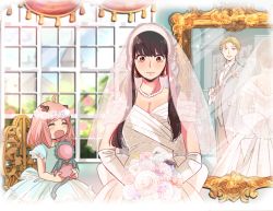 Rule 34 | ^ ^, alex (sandora), anya (spy x family), back bow, black hair, blonde hair, blue dress, blush, bouquet, bow, bridal veil, bride, closed eyes, director chimera (spy x family), dress, elbow gloves, flower, flower wreath, formal, gloves, hair horns, hairband, head wreath, highres, holding, jewelry, long hair, mirror, necklace, necktie, open mouth, pearl necklace, pink hair, sidelocks, spy x family, stuffed animal, stuffed toy, suit, sweatdrop, twilight (spy x family), veil, waistcoat, wavy mouth, wedding dress, white gloves, white hairband, white necktie, white suit, yor briar