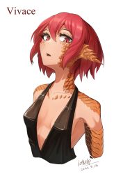 Rule 34 | 1girl, animal ears, bare shoulders, black dress, breasts, cropped legs, dated, dress, highres, hitokuirou, looking at viewer, monster girl, original, parted lips, plunging neckline, red eyes, red hair, scales, short hair, signature, simple background, slit pupils, small breasts, solo, solo vivace (hitokuirou), upper body, white background