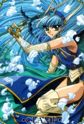 1990s_(style) 1girl alternate_costume armor armored_dress blue_hair boots escudo_sword_(rayearth) falling_petals gloves green_eyes hairband highres holding holding_sword holding_weapon long_hair looking_at_viewer magic_knight_rayearth official_alternate_costume official_art petals retro_artstyle ryuuzaki_umi scan solo sword thigh_boots very_long_hair weapon