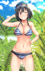 Rule 34 | 10s, 1girl, ;), ;p, beret, bikini, black hair, blue sky, blush, breasts, cleavage, cloud, day, grin, hat, hubrael, kantai collection, large breasts, looking at viewer, navel, o-ring, o-ring top, one eye closed, red eyes, shiny skin, short hair, sky, smile, solo, standing, strap gap, striped bikini, striped clothes, swimsuit, takao (kancolle), tongue, tongue out, vegetation