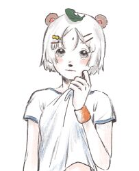 Rule 34 | 1girl, alternate costume, animal ears, animal nose, blush, breasts, clothes lift, forehead, grey eyes, gym shirt, hair ornament, hairclip, hand up, highres, leaf, leaf on head, looking at viewer, loose hair strand, medium breasts, mizu&#039;24, mode aim, parted bangs, parted lips, ponpoko (vtuber), raccoon ears, raccoon girl, shirt, shirt lift, short hair, solo, sweat, sweatband, virtual youtuber, white background, white hair, white shirt, wiping sweat, wristband