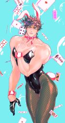 Rule 34 | 1boy, absurdres, animal ears, bare shoulders, battle tendency, black hair, black leotard, blue eyes, bow, bowtie, brown hair, bubble, card, detached collar, fake animal ears, fake tail, floating card, fishnet pantyhose, fishnets, gloves, half gloves, highres, jojo no kimyou na bouken, joseph joestar, joseph joestar (young), large pectorals, leotard, male focus, male playboy bunny, manly, one glove, pantyhose, pectorals, playboy bunny, playing card, rabbit ears, rabbit tail, smile, solo, strapless, strapless leotard, tail, wrist cuffs, xing xiao