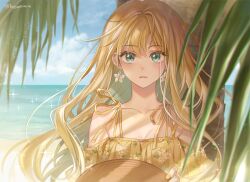 Rule 34 | 1girl, beach, blonde hair, blue sky, blurry, breasts, cleavage, cloud, collarbone, commentary, depth of field, earrings, floral print, flower earrings, hagiwara rin, hand up, hat, unworn hat, unworn headwear, holding, holding clothes, holding hat, jewelry, long hair, looking at viewer, nail polish, ocean, off-shoulder shirt, off shoulder, original, outdoors, palm tree, parted lips, print shirt, sand, shirt, sky, small breasts, solo, sparkle, straw hat, tree, twitter username, under tree, upper body, water, yellow nails, yellow shirt