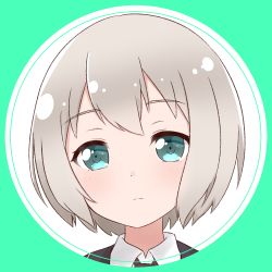 Rule 34 | 1girl, aoba moca, bang dream!, blush, bob cut, closed mouth, collared shirt, commentary, green background, green eyes, grey hair, highres, ixia (ixia424), looking at viewer, necktie, portrait, round image, school uniform, shirt, short hair, solo, symbol-only commentary, white shirt