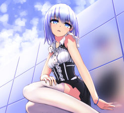 Rule 34 | 1girl, aoi kao (lsz7106), blue eyes, commentary, commentary request, date a live, dress, from side, frown, hair between eyes, hand on own thigh, highres, looking at viewer, medium hair, open mouth, outdoors, short sleeves, silver hair, solo, thighhighs, tobiichi origami, white thighhighs